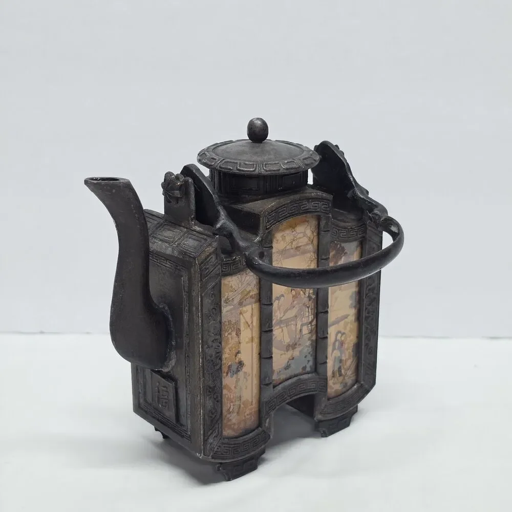 Antique Chinese Metal Decorative Teapot With Six Reverse Painted Glass Panels